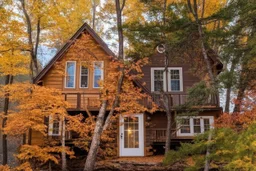 Cabin in the woods, autumn colors, lake with crystal clear water, mountains bokeh background, serenity.