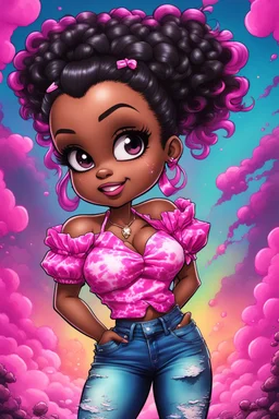 vibrant psychedelic comic book image, airbrush, 48k, cartoon art of a chibi curvy black female wearing torn jeans pants and a pink tie dye off the shoulder blouse. Prominent make up with lush lashes. Highly detailed sleek wavy ponytail