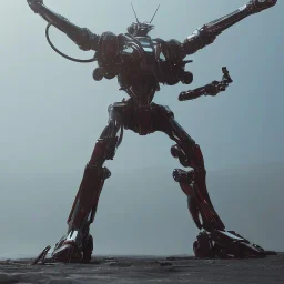 Mecha with metal spider legs his hands are machine guns. Driver is animal