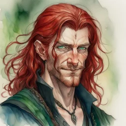 dnd, fantasy, watercolour, large strokes, stylistic, portrait, illustration, dull colours, male, face, narrow long face, weathered face, green eyes, determined, smiling, red hair, very long hair streaming down the shoulders, lush hair, radiating light, five o'clock shadow, elegant, short small mouth, wide smile