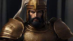 A tall Persian warrior with short hair and golden armor