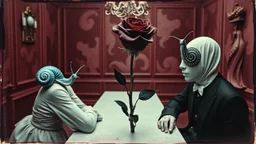 The Watchers with blue snails and black rose of the Empty Room, augmented reality, pantomim, masks, eerieland, abstract surrealism, glitter, calotype combineted transparent burgundy and pastel mint color, tintype , performance art