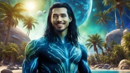 beautiful gorgeous young man na'vi with long hair, Avatar, blue skin, two small ears, green eyes, black hair, in cosmic suit, galactic ambiance, medium pointy goatee , smiling, with spaceship and planets and palm trees and clear crystaline cosmic beach in background