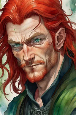 dnd, fantasy, watercolour, large strokes, stylistic, portrait, illustration, dull colours, male, face, narrow long face, weathered face, green eyes, determined, smiling, red hair, very long hair streaming down the shoulders, lush hair, radiating light, five o'clock shadow, elegant, short small mouth, wide smile