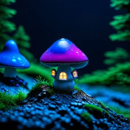 "Close up of a wonderful tiny Mushroom Tower home. blue and magenta with bright white, deep black and contrasting tones of gray. Illuminated bioluminescent forest. Professional painter, master at composition. small but detailed. broken, blurred background, voluminous lighting"