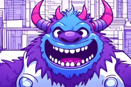 closeup of a smiling monster's face, big teeth, fur, bumps and horns, my pet monster inspiration, urban character design