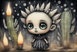 closeup, so much fluff, Cute chibi cacti fairy, painted and burned burlap, moonlight, styles of H. R. Giger, Paul Klee Dee Nickerson and Tim Burton, melting watercolor and black ink outlines on wet paper, soft, shading strokes, in candlelight, ethereal, otherwordly, cinematic postprocessing, bokeh, dof, S<AI