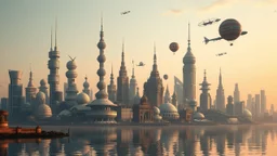 The image depicts a futuristic city skyline featuring a variety of unique and eclectic architectural structures. The buildings vary in shape, size, and design, including cylindrical towers, stacks, and structures resembling ancient temples. In the background, a few hot air balloons and flying vehicles enhance the futuristic theme. The skyline is reflected in a body of water, adding to the scene's aesthetic appeal. The color palette includes warm tones, suggesting either sunrise or sunset.