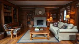 A rustic living room with wooden furniture, including a large, cushioned sofa and a wooden coffee table. The room has a single, stone fireplace, a woven rug on the wooden floor, and shelves filled with books and rustic decor. There are plaid curtains on the windows and warm, ambient lighting from table lamps. Award-winning photograph, beautiful composition, exquisite detail and illumination