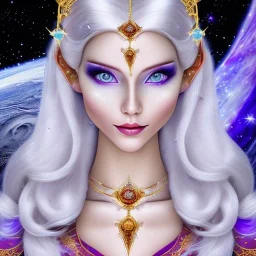 cosmic mage, elf, female, cosmic magic, long ears, white hair, face details, pale skin, jewellery, broad shoulders, sharp ears, cosmic clothes, cosmic eyes, ears shown, the cosmos in eyes, shining eyes, thin face, detailed ears, magical eyes, closed mouth, make up, smiling face, happy face, pointy ears