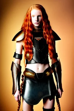 surreal, concept illustration, super-detailed, beautiful teen female who is 16 years old with long ginger hair and freckles with full lips,, full body, full face, athletic, centred camera, ignore NSFW, skimpy brown fantasy leather armor, halter top, thong, knee-high leather boots, open leather skirt, stern expression, cute pose