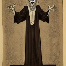 Greek Orthodox nosferatu vampire with a long beard made of flesh with long arms and a robe made a human faces