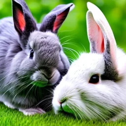 image with 3 animals: 1 grey rabbit + 1 black and grey rabbit + 1 red cat