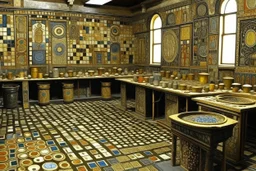 A silver factory filled with pipes designed in ancient Greek and Roman mosaics painted by Gustav Klimt