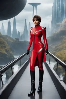 n this surreal vision, Halle Berry stands tall on the Bridge, adorned in a striking Star Trek Original Series red uniform. The vibrant color contrasts against her shortish hair, framing her face with an air of determination. Her black boots plant firmly on the floor, echoing her unwavering spirit. Ample bosoms, a symbol of strength and femininity, accentuate her presence as she takes her place at the station. The weight of the world seems to rest upon her shoulders, yet she remains poised and co