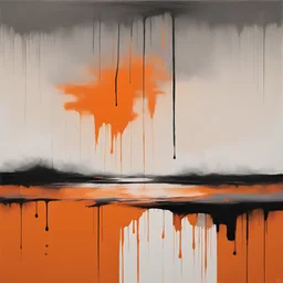 Melancholy Minimal abstract flat landscape painting. Rough brushstrokes and dripping paint. A single orange colour highlight with complimentary background colours. Use rule of thirds. Place the Horizon line at the top. Style of Justin Mortimer.Abstract empty landscape painting. Dripping paint. Rough. Minimal. Style of Justin Mortimer.