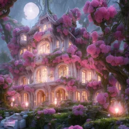 a magical flower bougainvillier fuksia house in the woods, pink vertical, sharp, vines, candlelit, endor, ornate, elegant, highly detailed, artstation, concept art, smooth, sharp focus, illustration, 8k, splash art, wallpaper, key visual