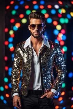 Full body Real photography handsome man super model European on fashion style dressing luxury jacket diamonds patterns,sunglasses,turn on music DJ player in disco club