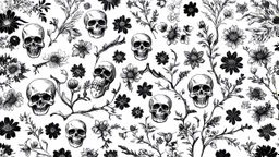 tracery of flowers, bones and skulls, black and white, Maximum minimalism