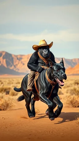 A gorilla with cowboy hat riding on a Great Dane black dog running in the desert