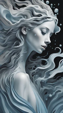 digitally abstract artwork of a female figure under water, in the style of melting, elegant, emotive faces, hyper-detailed illustrations, dark white and light blue, three-dimensional effects, soft lines and shapes, dark fairy tales