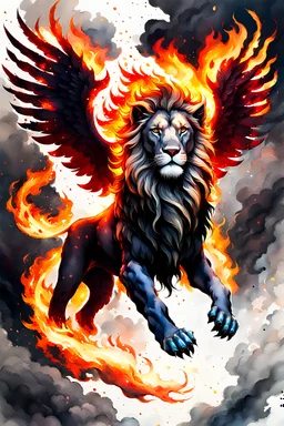 create a flying lion with fire wings full body illustration in the art style of Wayne Reynolds, ink wash and watercolor, 8k, ArtStation, DeviantArt