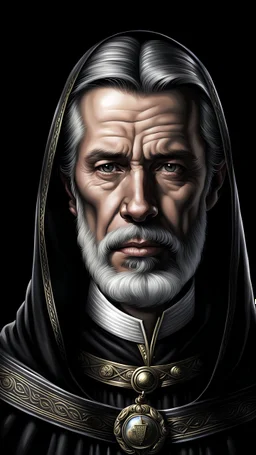 Portrait of Allach in black mantle on black background in realistic style