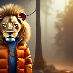 Lion toddler, smile, steampunk headphone, sunglass, gangsta neckless, full body, orange puffer jacket, tokio background, dramatic lighting, hyper realistic, unreal engine 5, 16k