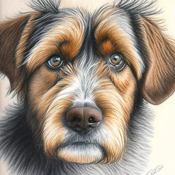 Colored pencil drawing. Portrait, realistic, dog, fur texture.