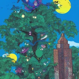  kaiju birds in a tree near a city by dr seuss