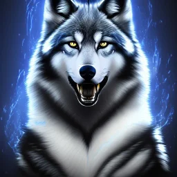 fantasy black wolf with blue flames around him