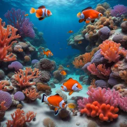 An underwater scene teeming with colorful coral, busy clownfish, and a gentle sea turtle