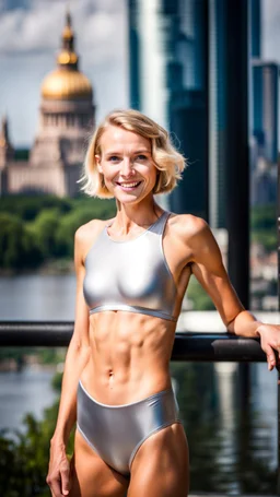 beautiful anorexic ukrainian woman, total shot, shiny silver triathlon swimsuit, short blond wavy bob hair, blurred city background, smiling