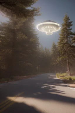 A photorealistic render of a ufo flying over school near pine trees as kids run up to it in wonder