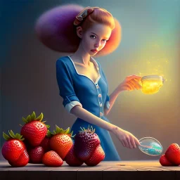 pixar style,women with a jar jam in kitchen,volumetric blue sky environment and background, volumetric lighting,dramatic lighting, realistic painting of an strawberry, looking excited, detailed digital painting, extreme dense and fine fur, anime, ornate, colour-washed colors, elegant, small minutiae, tiny features, particulars, centered, smooth, sharp focus, renderman gofur render, 8k, uhd, detailed eyes, realistic shaded volumetric lighting,caustics,backlight,centered camera view