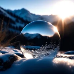 Frozen bubble in front of a snowy mountain landscape, the bubble has wonderful icecrystals and the sun is shining, frozen, cold outside, beautiful small ice flowers in front of the bubble