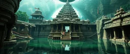 hindi stone temple with see thru water mega tube lift system with people inside by pyramid