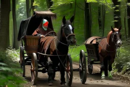 hooded monk driving horse and 2 wheel cart in the forest