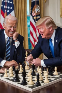 A hyper-realistic photo, Joe Biden and Trump in a game of chess,Trump smiling , 64K, hyperrealistic, vivid colors, (glow effects:1.2) , 4K ultra detail, , real photo