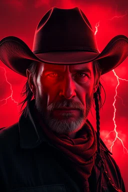 A cowboy portrait with a red light reflecting in their cybernetenhancements.red background all are red cloudy stormy with thunder in the background