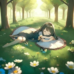 tiny anime girl sleeping in the distance, laying down in a field of flowers, underneath a willow tree, with a butterfly on her nose, hand detail looks human