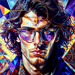 attractive young male wizard, trigonometric manganese Leonid Afremov style, detailed gorgeous face, fancy sunglasses, geometric Rubens on helium influence, hypermaximalist beautiful photorealistic detailed intricate eyes by Tom Blackwell, centered, symmetry, painted, intricate, volumetric lighting, beautiful, rich deep colors masterpiece, sharp focus, ultra detailed, in the style of dan mumford and marc simonetti, astrophotography Modifiers: fantasy cinematic lighting photorealistic ultra detai