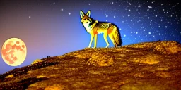 Coyote on top of a mountain howling at the blue moon with stars