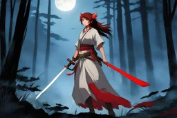 Princess Mononoke, fierce and untamed in her rage, standing amidst the ancient forest under the soft glow of the moonlight. Her linen dress billows gently in the night breeze, revealing her warrior spirit and connection to the wild. The red war paint on her face tells tales of battles fought and a spirit unbroken. With her wakizashi in hand, the short sword a symbol of her strength and determination, Princess Mononoke takes her stance in Chu-dan No Kamae, the eternal guardian of the forest rea