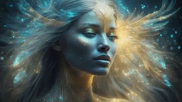 Photo in bioluminescent art style depicting a divine bird woman, embossed, double exposure, Bioluminescent dewy translucent glowing skin, ethereal glowing eyes, long neck, perfect face in ultra-realistic details, gold, flowing hair, The composition imitates a cinematic film with dazzling, golden and silver lighting effects. Intricate details, sharp focus, crystal clear skin create high detail. 3d, 64k, high resolution, high detail, computer graphics, hyperrealism, f/16, 1/300 sec. digital painti