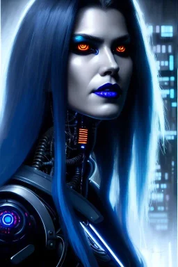 hiper realista, hiper detalhado, retrato de corpo inteiro, no estilo cyberpunk, de uma mulher incrivelmente bonita com implantes biônicos, cabelos compridos azuis, olhos brilhantes, maquiagem escura, batom preto, arte de greg rutkowski, artgerm, wlop, rossdraws, boris vallejo