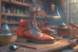 mediaeval cobbler in his workshop, 8k, RTX, realistic, 3D, intricate details