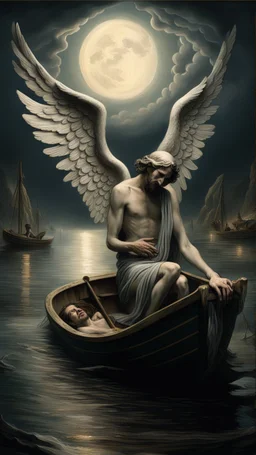 Charon in his boat wearing crying angel holding his head