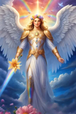Beautiful Angel, flowers, rainbows,ufos