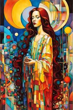 Create chaotic abstract cubist full body religious triptych depicting Mary Magdalene, with highly detailed facial features, in the style of Bill Sienkiewicz, Philippe Druillet, Gustav Klimt, and Jean Giraud Moebius, precisely drawn, colored and inked